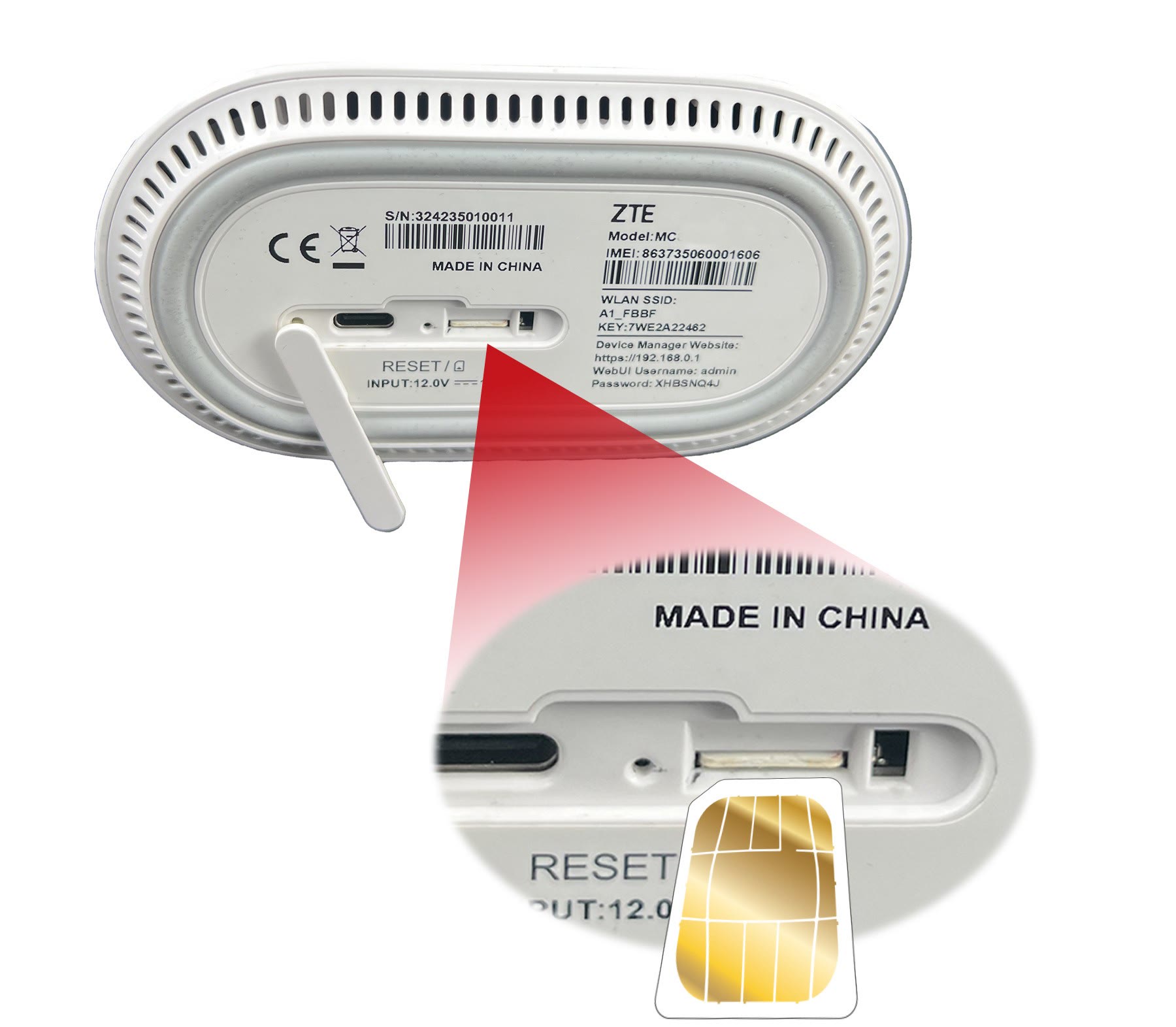 Показан слот за SIM карта за ZTE_MC801A