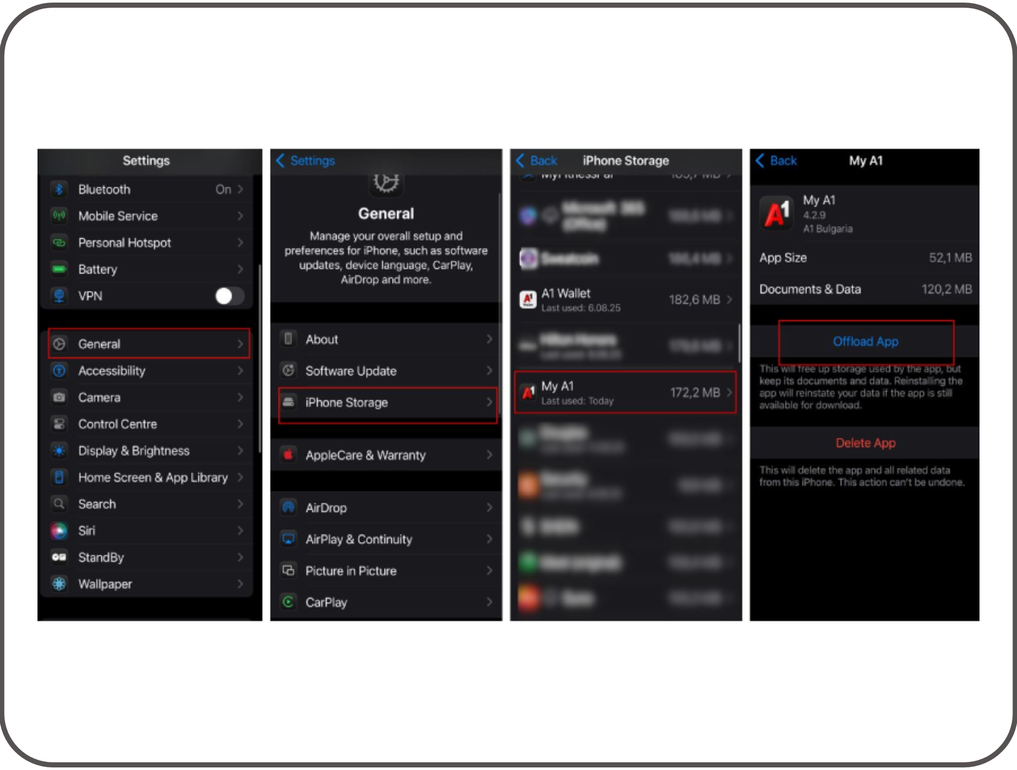 екран от опция Оffload App на приложението Моят А1 показващ как да изчистиш кеша