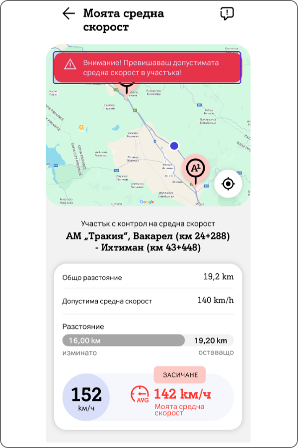 екран при превишаване на средната допустима скорост