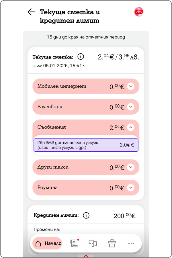 екран от детайлите на разговорите, където се вижда за какво е таксуването и колко е таксувано