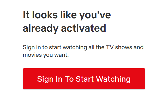 екран от нетфликс, който показва, че линкът, който отваряш е бил вече активиран