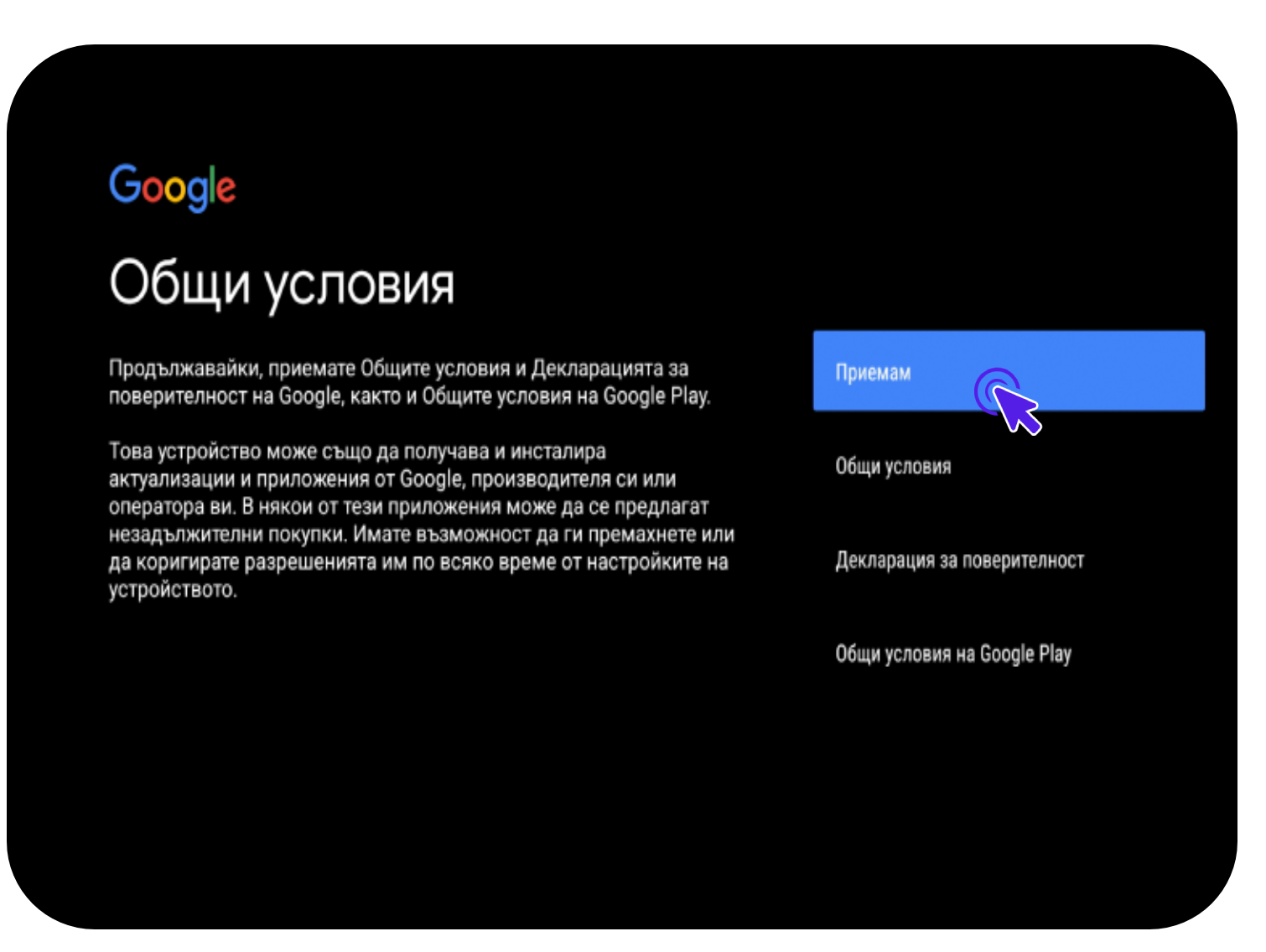 Екран от Smart Box SDMC с опция за приемане на общите условия на Google