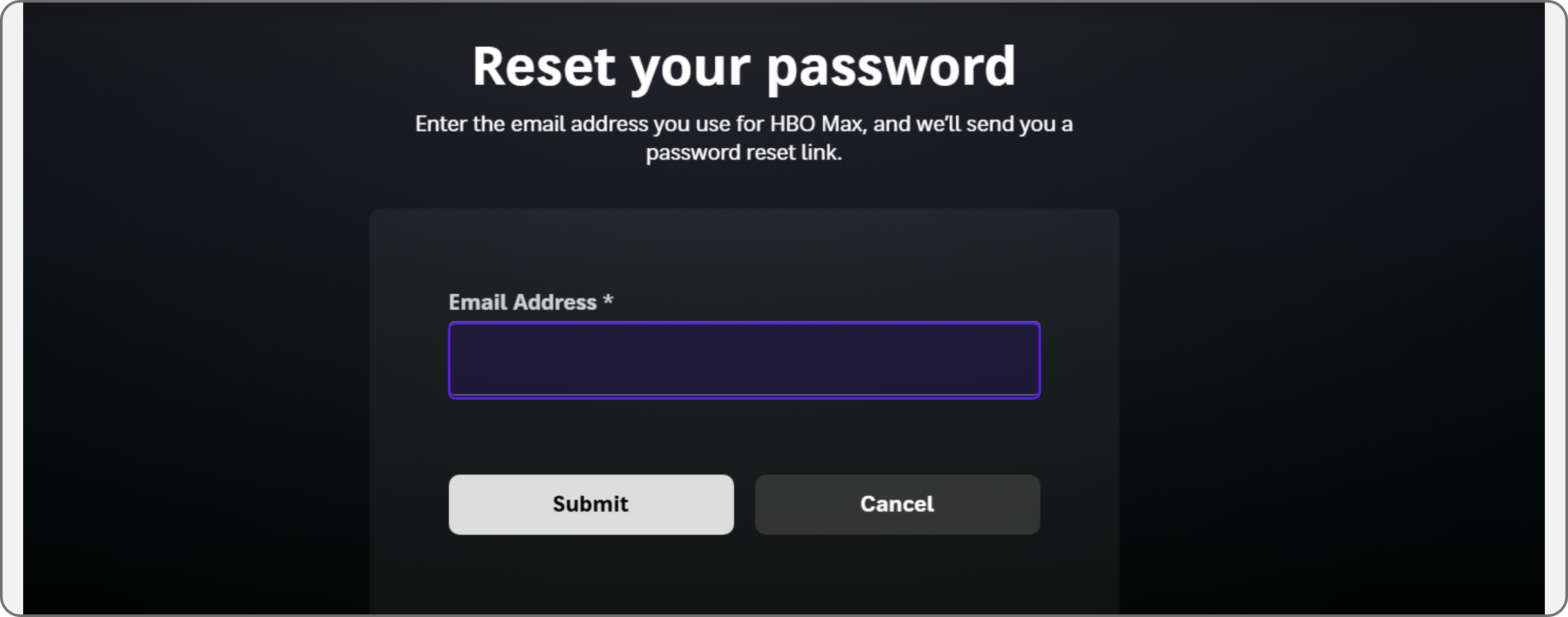 Екран от HBO MAX за въвеждане на имейл за възстановяване на парола